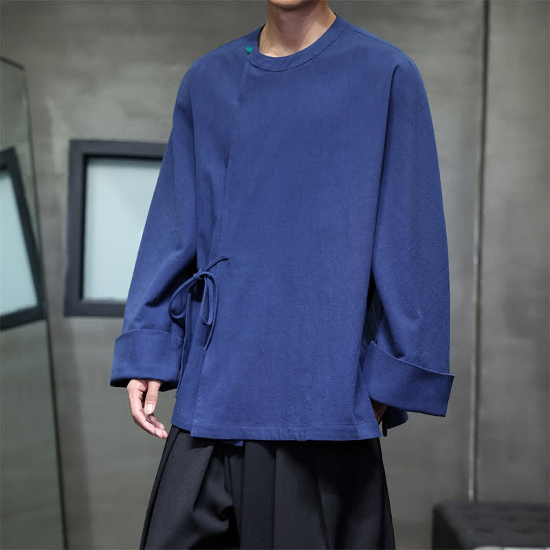 Buddha Stones Fall Tang Style Minimalist Lace-up Solid Men's Long Sleeve Shirts - image 1