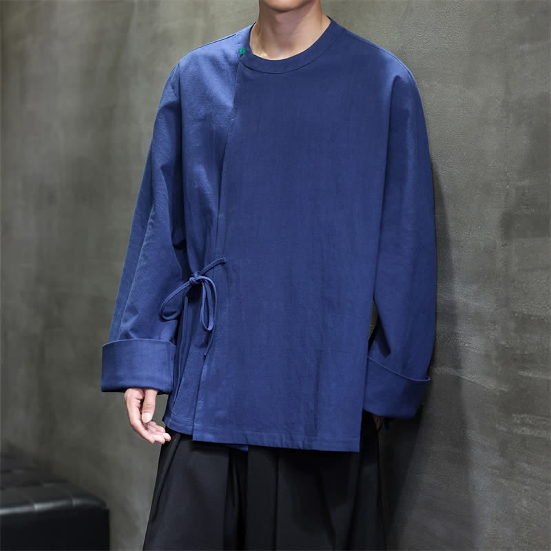 Buddha Stones Fall Tang Style Minimalist Lace-up Solid Men's Long Sleeve Shirts - image 5