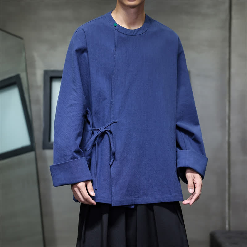Buddha Stones Fall Tang Style Minimalist Lace-up Solid Men's Long Sleeve Shirts - Navy - US/UK/AU48，EU58 (4XL) - image 0