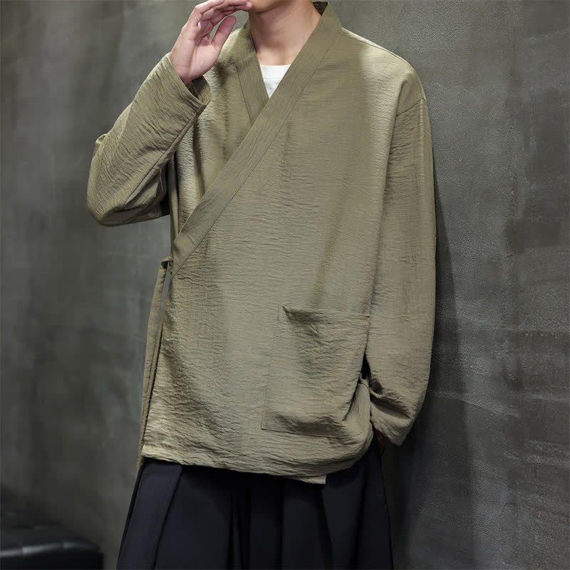 Buddha Stones Spring Casual Minimalist Tang Style Drawstring Solid Men's Kimono With Pockets - DarkKhaki - US/UK/AU48，EU58 (4XL) - image 0