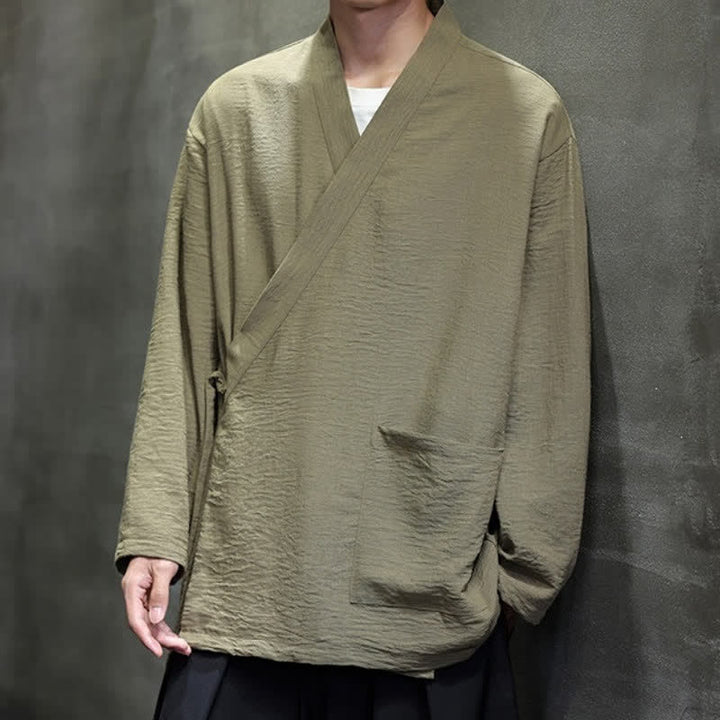 Buddha Stones Spring Casual Minimalist Tang Style Drawstring Solid Men's Kimono With Pockets - image 5