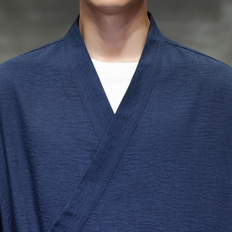Buddha Stones Spring Casual Minimalist Tang Style Drawstring Solid Men's Kimono With Pockets - image 19