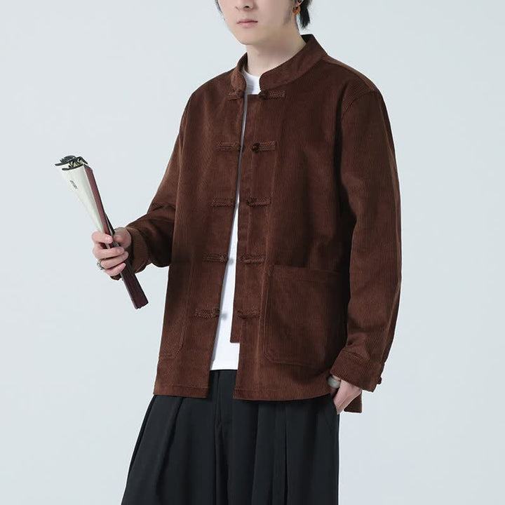 Buddha Stones Fall Winter Casual Tang Style Frog Button Solid Corduroy Men's Jacket With Pockets - image 25