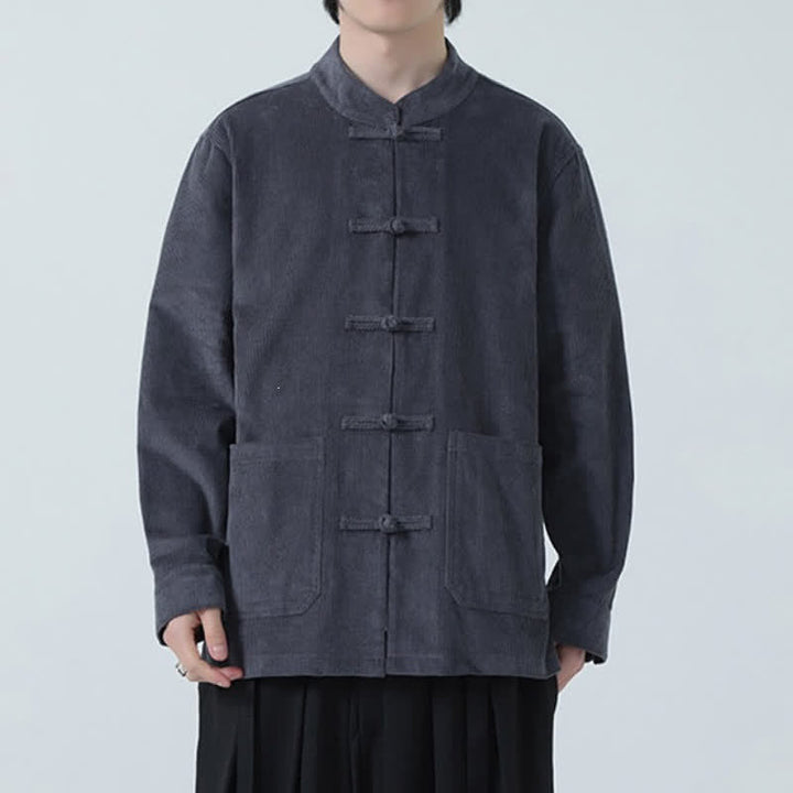 Buddha Stones Fall Winter Casual Tang Style Frog Button Solid Corduroy Men's Jacket With Pockets - image 11
