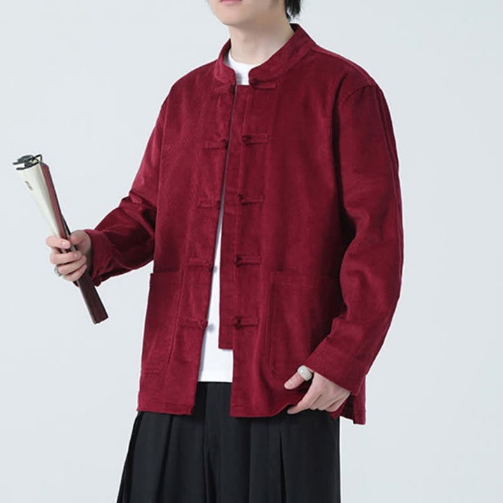 Buddha Stones Fall Winter Casual Tang Style Frog Button Solid Corduroy Men's Jacket With Pockets - image 18