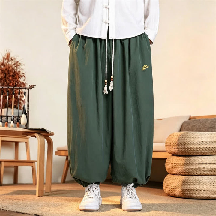 Buddha Stones Fall Casual Minimalist Drawstring Solid Embroidery Cloud Long Pants Men's Harem Pants With Pockets - image 1