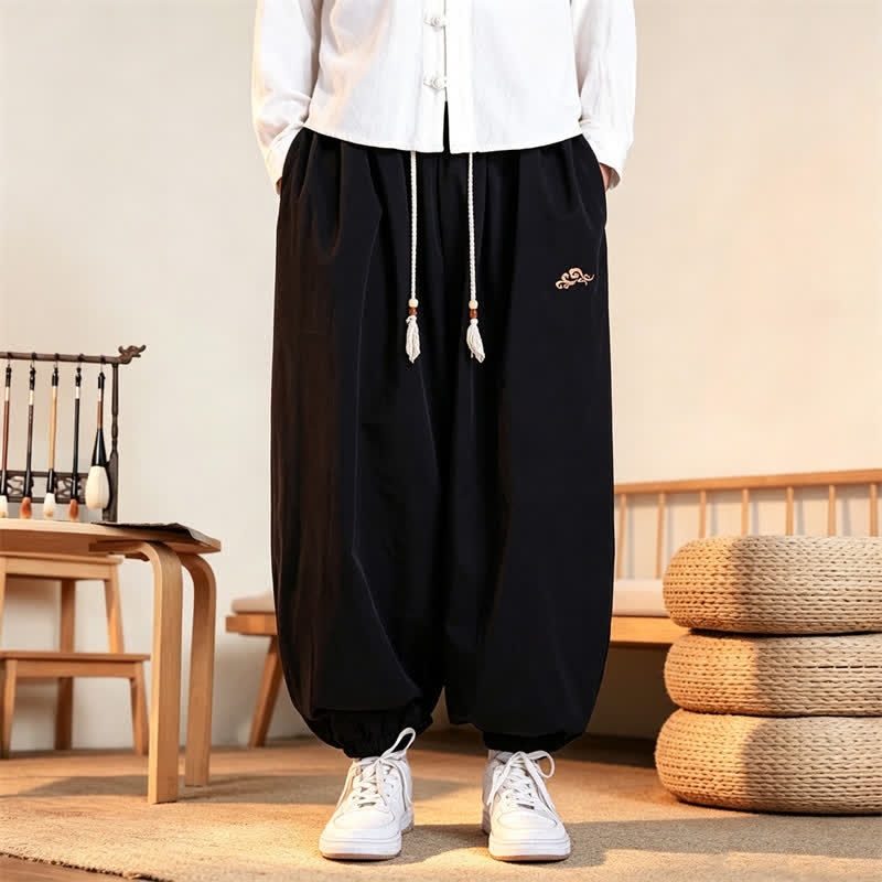 Buddha Stones Fall Casual Minimalist Drawstring Solid Embroidery Cloud Long Pants Men's Harem Pants With Pockets - Black - US/UK/AU46，EU56 (5XL) - image 7