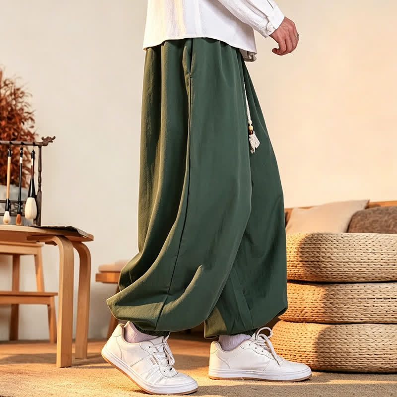 Buddha Stones Fall Casual Minimalist Drawstring Solid Embroidery Cloud Long Pants Men's Harem Pants With Pockets - image 3