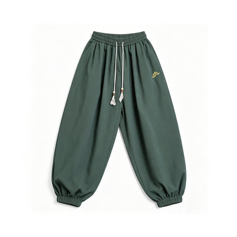 Buddha Stones Fall Casual Minimalist Drawstring Solid Embroidery Cloud Long Pants Men's Harem Pants With Pockets - image 6