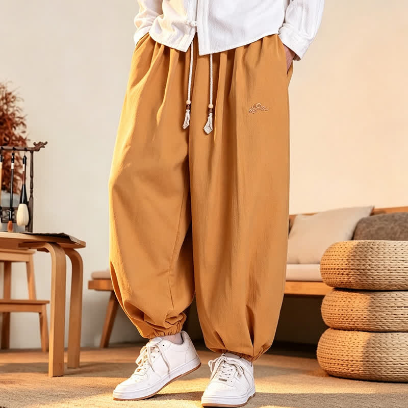 Buddha Stones Fall Casual Minimalist Drawstring Solid Embroidery Cloud Long Pants Men's Harem Pants With Pockets - image 18
