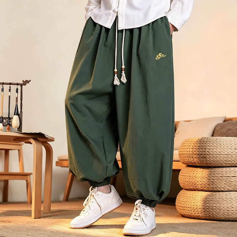 Buddha Stones Fall Casual Minimalist Drawstring Solid Embroidery Cloud Long Pants Men's Harem Pants With Pockets - image 5