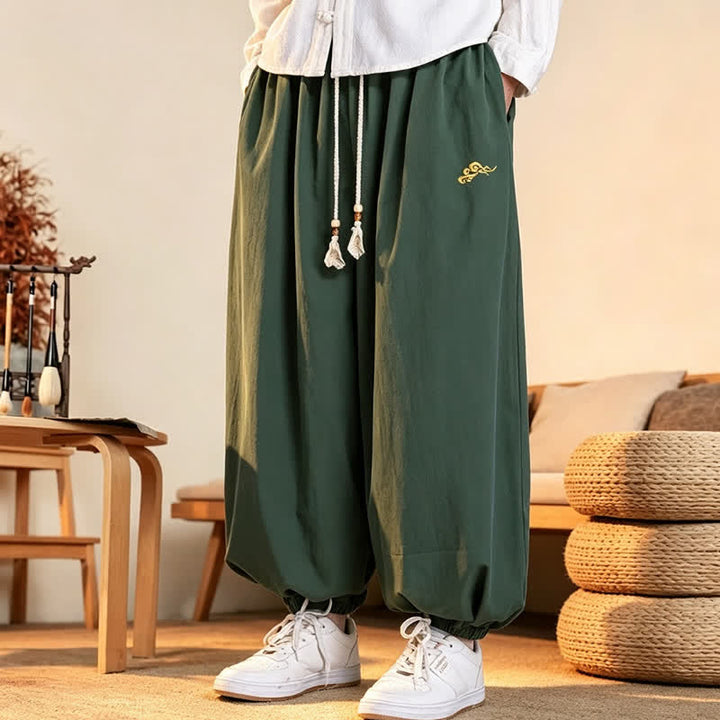 Buddha Stones Fall Casual Minimalist Drawstring Solid Embroidery Cloud Long Pants Men's Harem Pants With Pockets - image 4