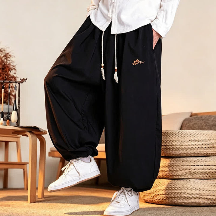 Buddha Stones Fall Casual Minimalist Drawstring Solid Embroidery Cloud Long Pants Men's Harem Pants With Pockets - image 12