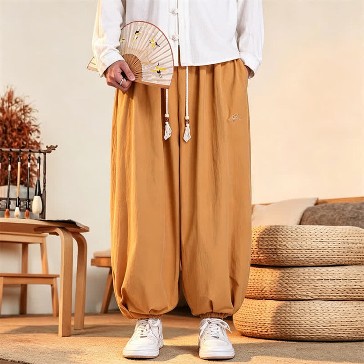 Buddha Stones Fall Casual Minimalist Drawstring Solid Embroidery Cloud Long Pants Men's Harem Pants With Pockets - image 19