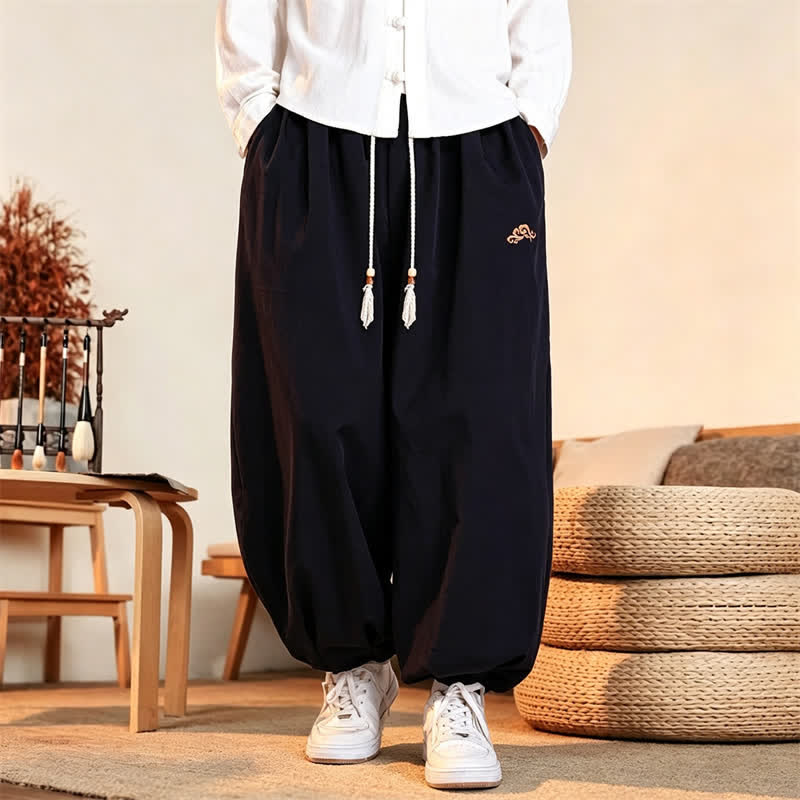 Buddha Stones Fall Casual Minimalist Drawstring Solid Embroidery Cloud Long Pants Men's Harem Pants With Pockets - image 11