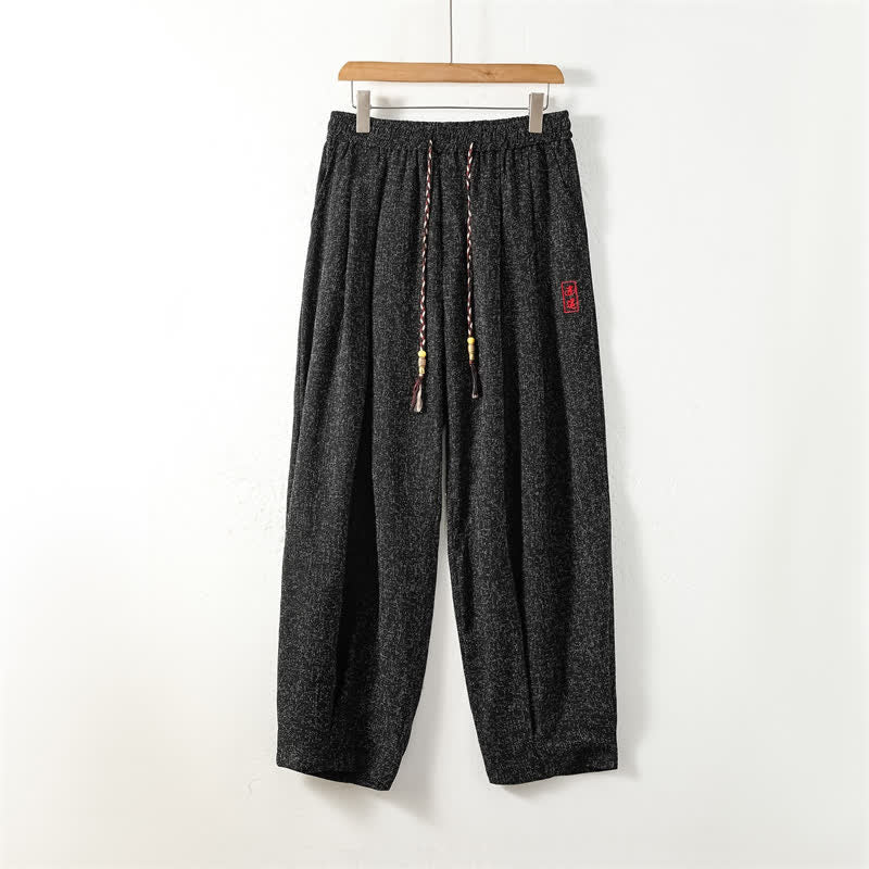 Buddha Stones Fall Winter Casual Drawstring Embroidery Character Solid Long Pants Men's Harem Pants With Pockets - Black - US/UK/AU52，EU62 (8XL) - image 0