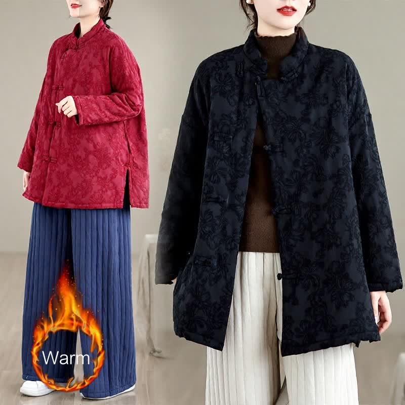 Buddha Stones Fall Winter Vintage Tang Style Mandarin Collar Frog Button Floral Women's Jacket With Pocket - image 19