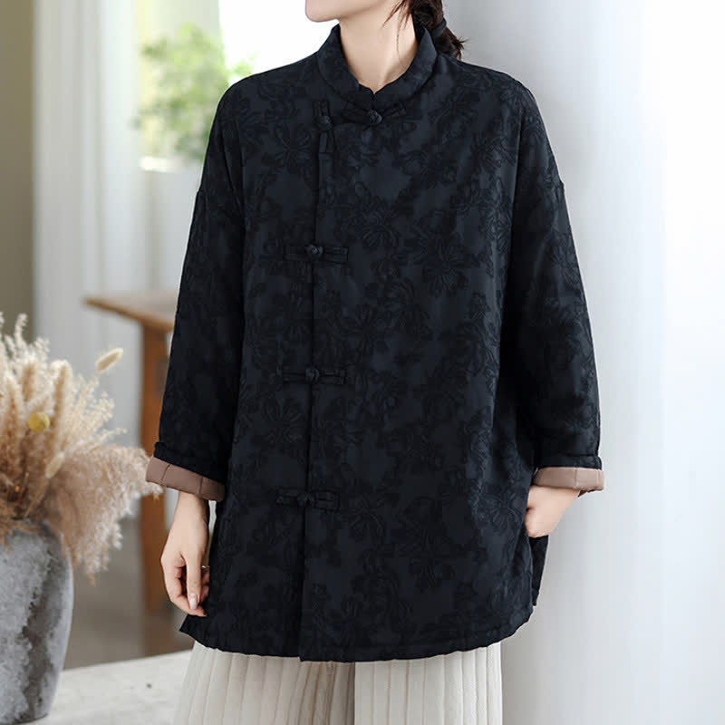 Buddha Stones Fall Winter Vintage Tang Style Mandarin Collar Frog Button Floral Women's Jacket With Pocket - image 16
