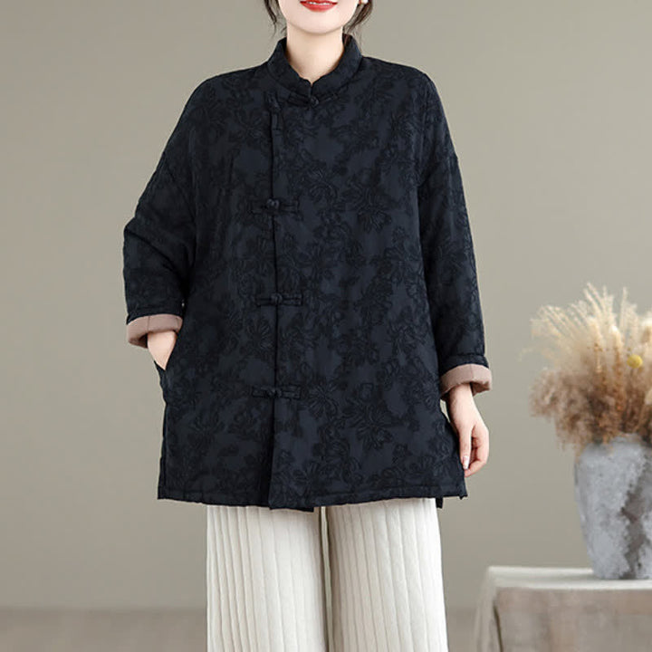Buddha Stones Fall Winter Vintage Tang Style Mandarin Collar Frog Button Floral Women's Jacket With Pocket - image 17