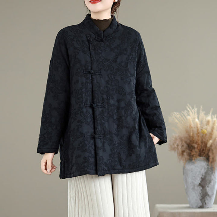 Buddha Stones Fall Winter Vintage Tang Style Mandarin Collar Frog Button Floral Women's Jacket With Pocket - image 18
