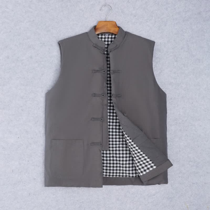 Buddha Stones Spring Fall Minimalist Tang Style Mandarin Collar Knot Button Solid Tank Top Men's Vest With Pocket - DimGray - US/UK/AU44，EU54 (4XL) - image 10