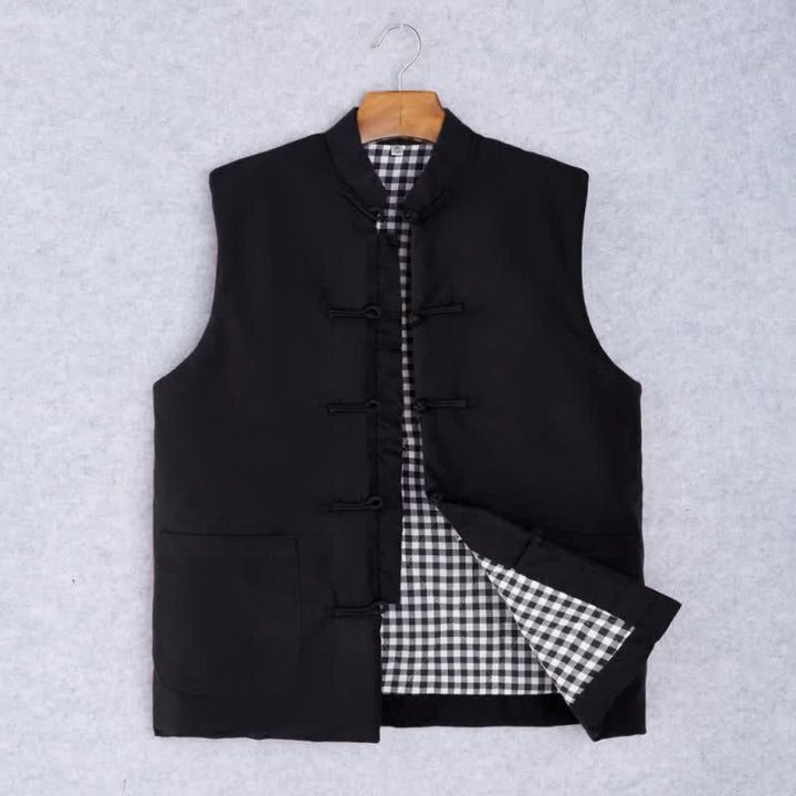 Buddha Stones Spring Fall Minimalist Tang Style Mandarin Collar Knot Button Solid Tank Top Men's Vest With Pocket - Black - US/UK/AU44，EU54 (4XL) - image 2