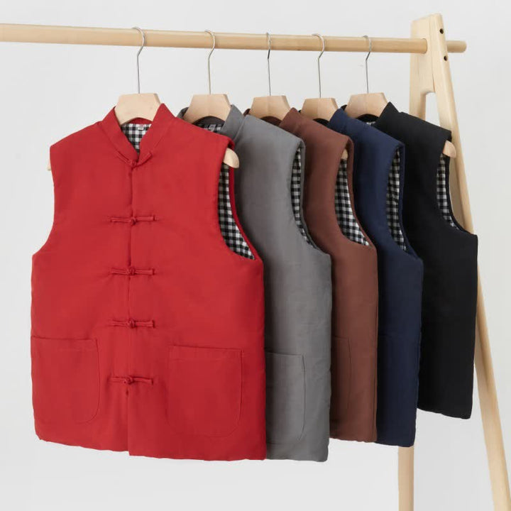 Buddha Stones Spring Fall Minimalist Tang Style Mandarin Collar Knot Button Solid Tank Top Men's Vest With Pocket - image 11