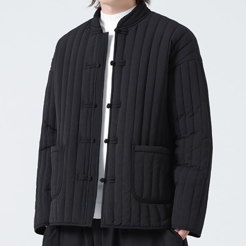 Buddha Stones Fall Winter Tang Style Minimalist Quilted Design Frog Button Solid Men's Jacket With Pockets - Black - US/UK/AU46，EU56 (5XL) - image 0