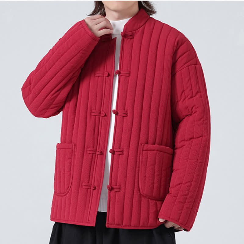Buddha Stones Fall Winter Tang Style Minimalist Quilted Design Frog Button Solid Men's Jacket With Pockets - image 21