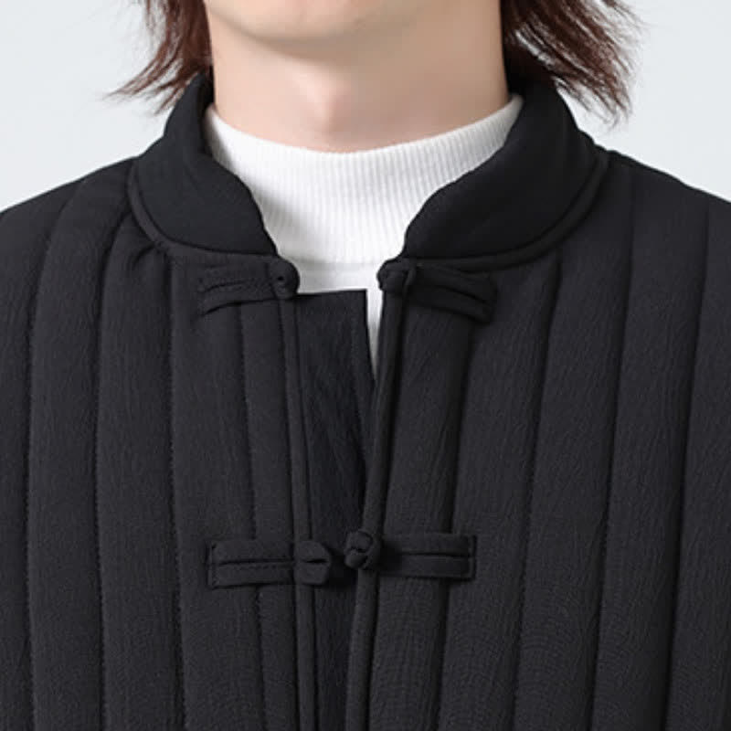 Buddha Stones Fall Winter Tang Style Minimalist Quilted Design Frog Button Solid Men's Jacket With Pockets - image 9