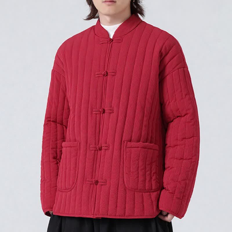 Buddha Stones Fall Winter Tang Style Minimalist Quilted Design Frog Button Solid Men's Jacket With Pockets - image 18