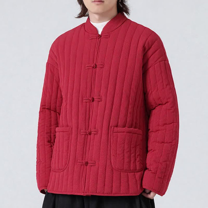 Buddha Stones Fall Winter Tang Style Minimalist Quilted Design Frog Button Solid Men's Jacket With Pockets - image 18