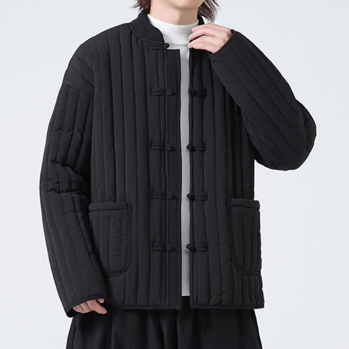 Buddha Stones Fall Winter Tang Style Minimalist Quilted Design Frog Button Solid Men's Jacket With Pockets - image 5