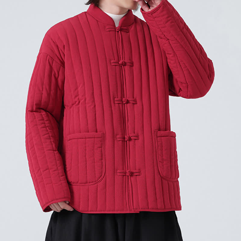 Buddha Stones Fall Winter Tang Style Minimalist Quilted Design Frog Button Solid Men's Jacket With Pockets - image 14