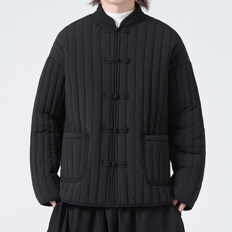 Buddha Stones Fall Winter Tang Style Minimalist Quilted Design Frog Button Solid Men's Jacket With Pockets - image 8