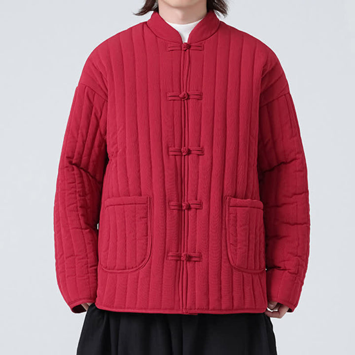 Buddha Stones Fall Winter Tang Style Minimalist Quilted Design Frog Button Solid Men's Jacket With Pockets - image 15