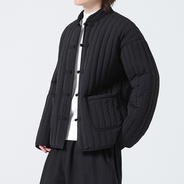 Buddha Stones Fall Winter Tang Style Minimalist Quilted Design Frog Button Solid Men's Jacket With Pockets - image 7