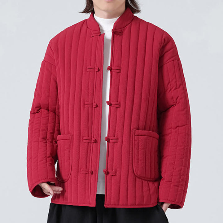 Buddha Stones Fall Winter Tang Style Minimalist Quilted Design Frog Button Solid Men's Jacket With Pockets - image 20