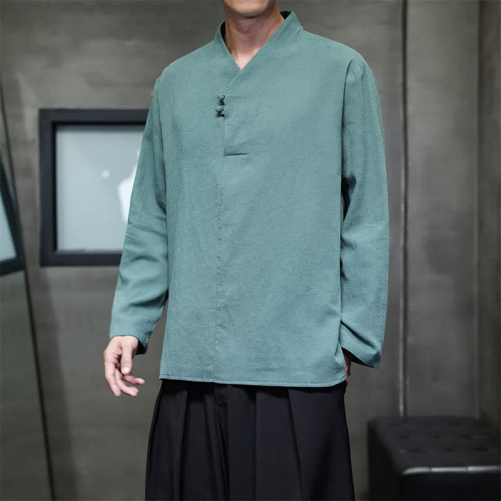 Buddha Stones Spring Summer Tang Style Casual Frog Button Solid Cotton Men's Long Sleeve Shirts - CadetBlue - US/UK/AU46，EU56 (5XL) - image 0