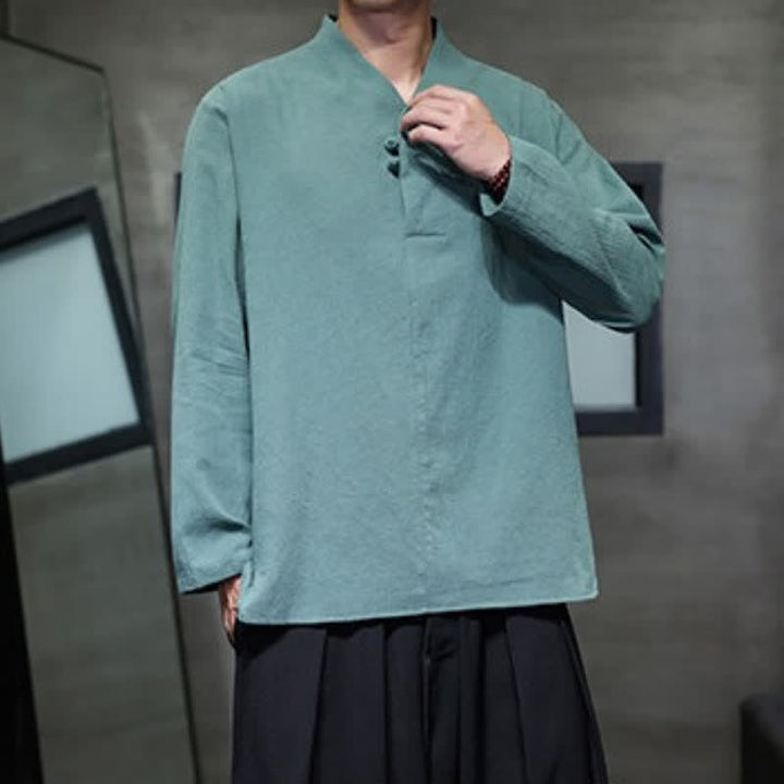 Buddha Stones Spring Summer Tang Style Casual Frog Button Solid Cotton Men's Long Sleeve Shirts - image 1