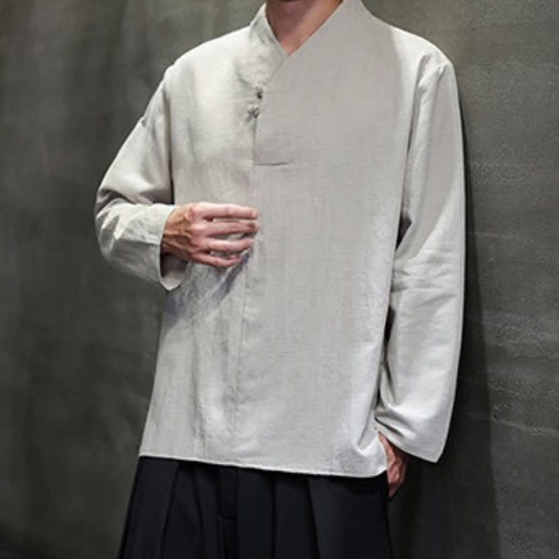 Buddha Stones Spring Summer Tang Style Casual Frog Button Solid Cotton Men's Long Sleeve Shirts - image 17