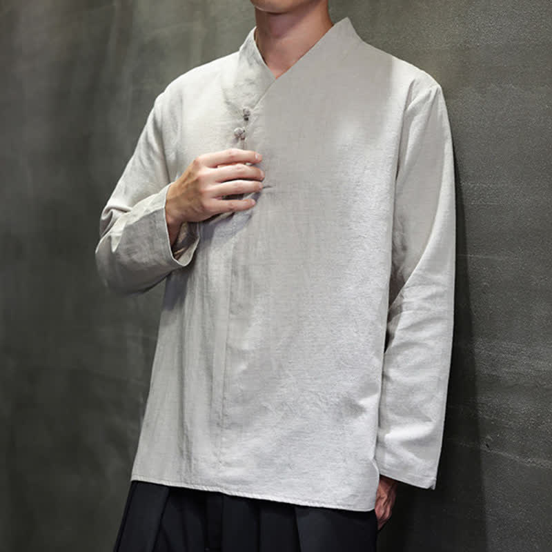Buddha Stones Spring Summer Tang Style Casual Frog Button Solid Cotton Men's Long Sleeve Shirts - image 12