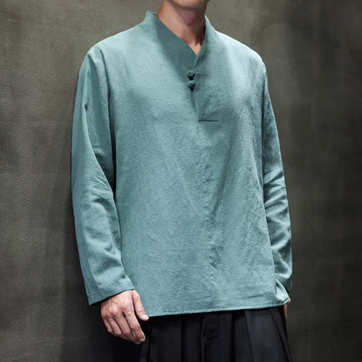 Buddha Stones Spring Summer Tang Style Casual Frog Button Solid Cotton Men's Long Sleeve Shirts - image 5