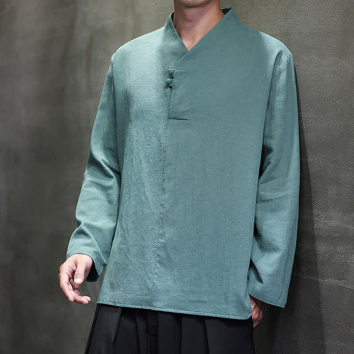 Buddha Stones Spring Summer Tang Style Casual Frog Button Solid Cotton Men's Long Sleeve Shirts - image 6