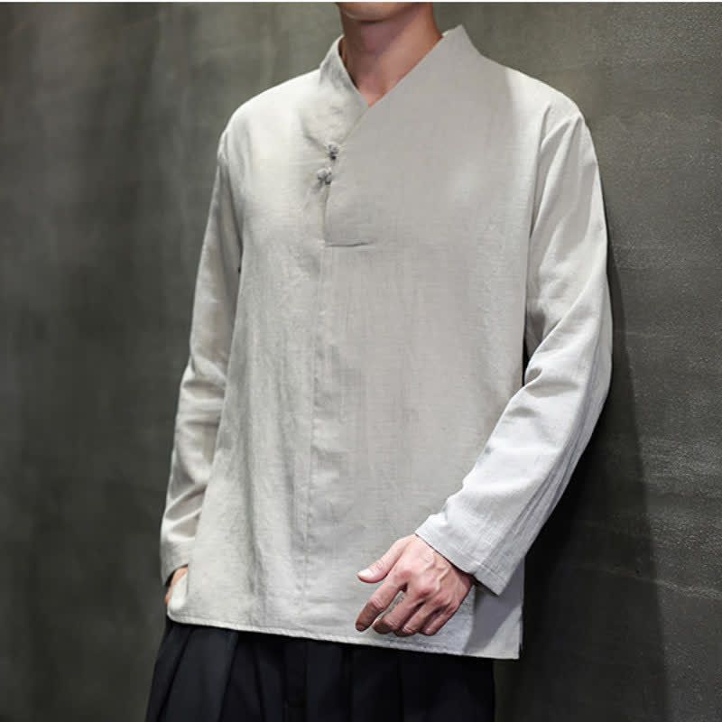 Buddha Stones Spring Summer Tang Style Casual Frog Button Solid Cotton Men's Long Sleeve Shirts - image 11