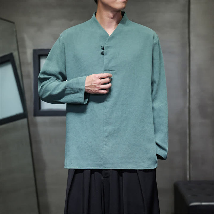 Buddha Stones Spring Summer Tang Style Casual Frog Button Solid Cotton Men's Long Sleeve Shirts - image 8