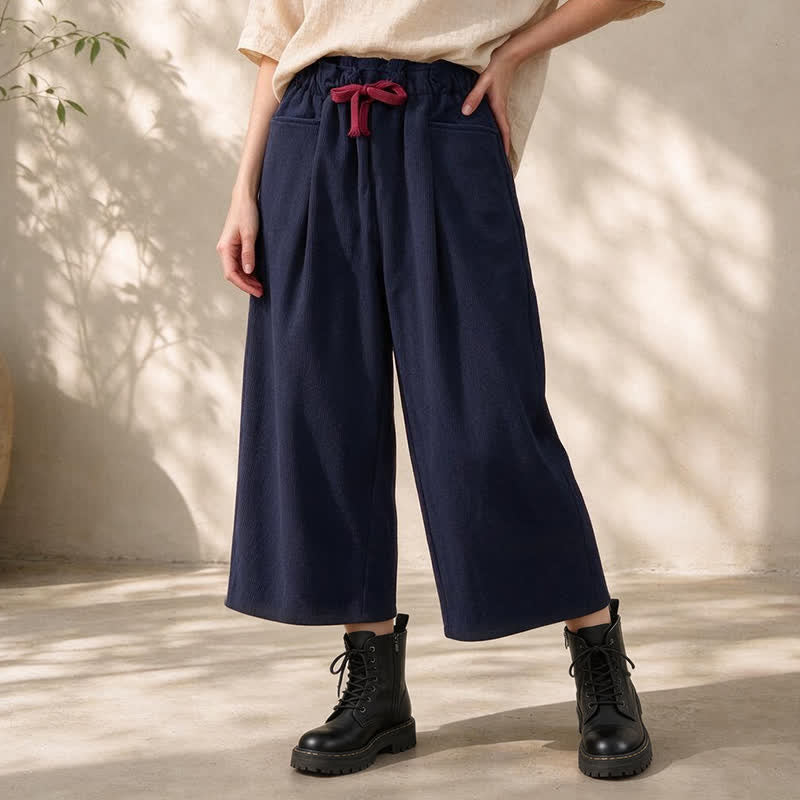 Buddha Stones Fall Winter Casual Minimalist Drawstring Solid Cropped Pants Corduroy Women's Straight Leg Pants With Pockets - MidnightBlue - US6, UK/AU10, EU38 (XL) - image 6