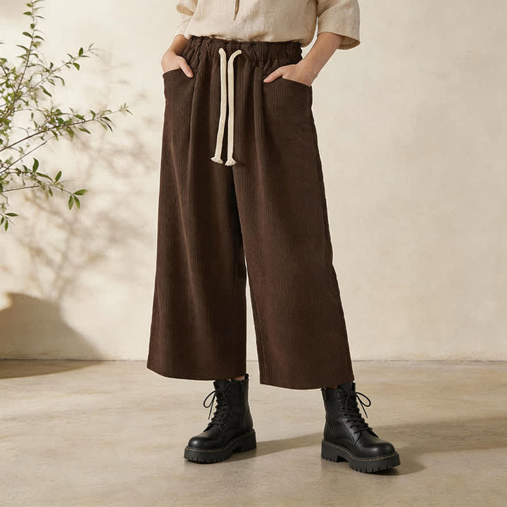 Buddha Stones Fall Winter Casual Minimalist Drawstring Solid Cropped Pants Corduroy Women's Straight Leg Pants With Pockets - SaddleBrown - US6, UK/AU10, EU38 (XL) - image 0