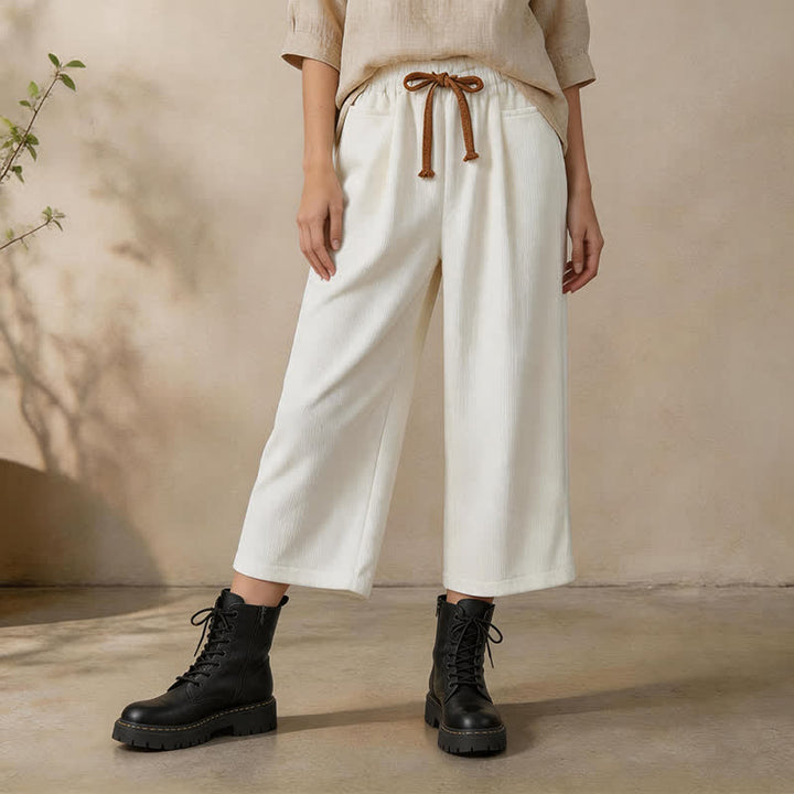 Buddha Stones Fall Winter Casual Minimalist Drawstring Solid Cropped Pants Corduroy Women's Straight Leg Pants With Pockets - White - US6, UK/AU10, EU38 (XL) - image 12