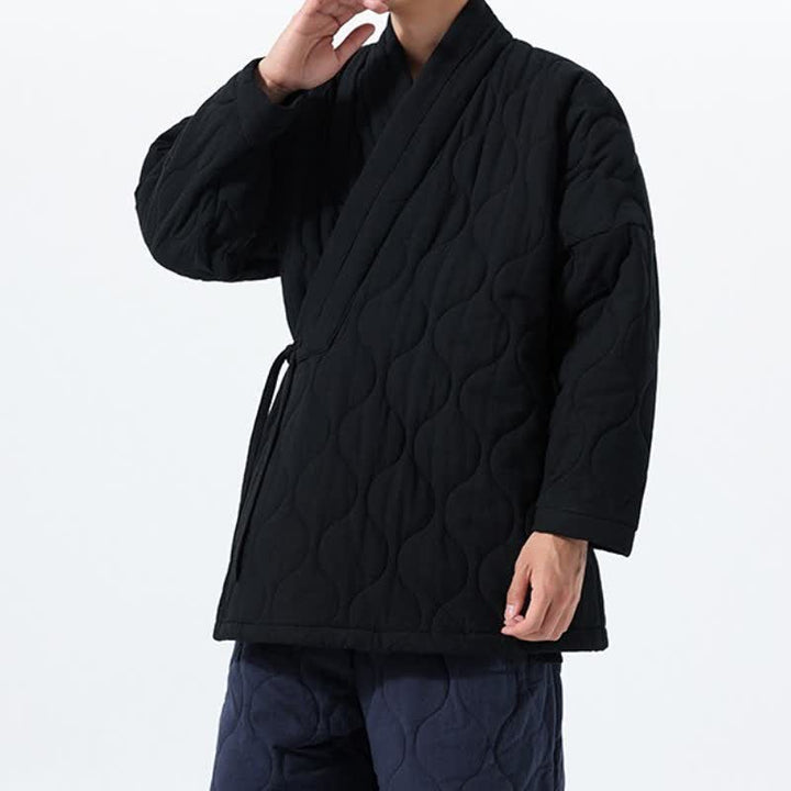 Buddha Stones Fall Winter Casual Tang Style Drawstring Quilted Solid Cotton Men's Kimono With Pockets - image 21